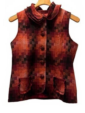Venario Vest Women's Wool Blend Button Front Burgundy Plaid Pockets M Medium